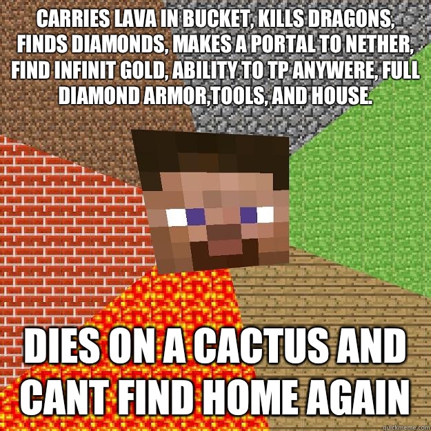 Carries lava in bucket, kills dragons, finds diamonds, makes a portal to nether, find infinit gold, ability to tp anywere, full diamond armor,tools, and house. Dies on a cactus and cant find home again - Carries lava in bucket, kills dragons, finds diamonds, makes a portal to nether, find infinit gold, ability to tp anywere, full diamond armor,tools, and house. Dies on a cactus and cant find home again  Minecraft