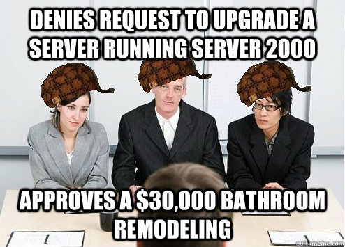 Denies request to upgrade a server running server 2000 approves a $30,000 bathroom remodeling     