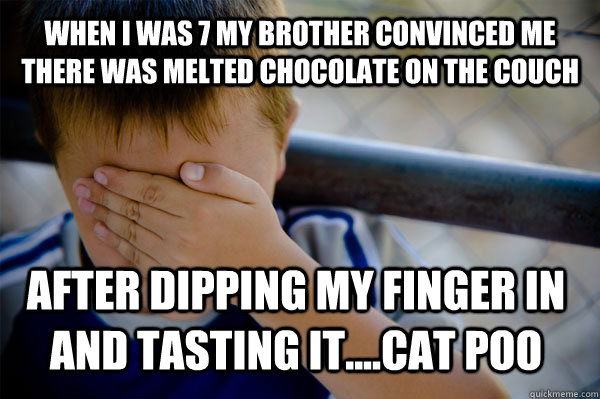 When i was 7 my brother convinced me there was melted chocolate on the couch after dipping my finger in and tasting it....cat poo  Confession kid