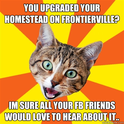 you upgraded your homestead on frontierville? im sure all your fb friends would LOVE to hear about it..  Bad Advice Cat