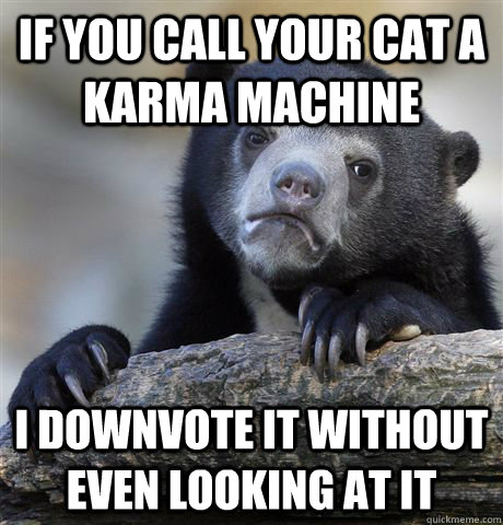 If you call your cat a karma machine I downvote it without even looking at it - If you call your cat a karma machine I downvote it without even looking at it  Confession Bear