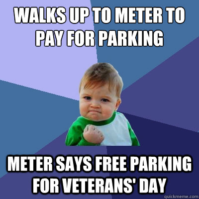 walks up to meter to pay for parking meter says free parking for veterans' day - walks up to meter to pay for parking meter says free parking for veterans' day  Success Kid