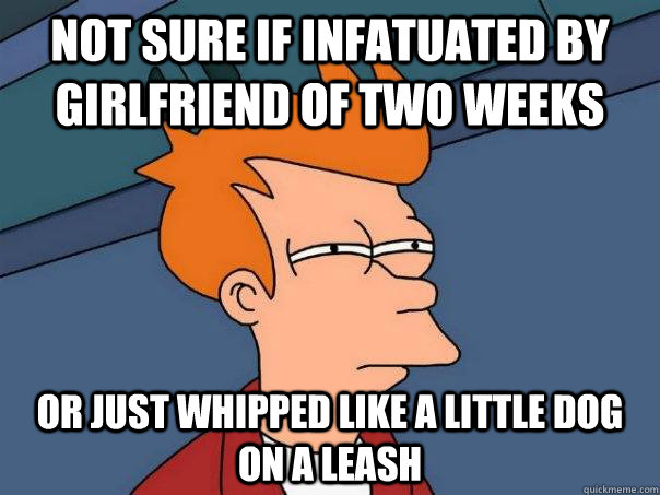 Not sure if infatuated by girlfriend of two weeks or just whipped like a little dog on a leash  Futurama Fry