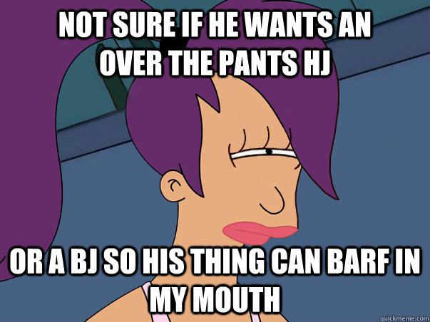 Not sure if he wants an        over the pants hj or a bj so his thing can barf in my mouth  Leela Futurama