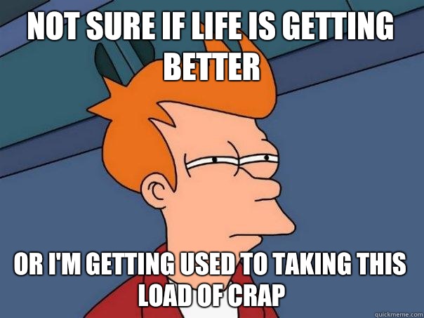 Not sure if life is getting better or I'm getting used to taking this load of crap  Futurama Fry