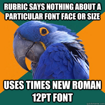 Rubric says nothing about a particular font face or size uses times new roman 12pt font  Paranoid Parrot