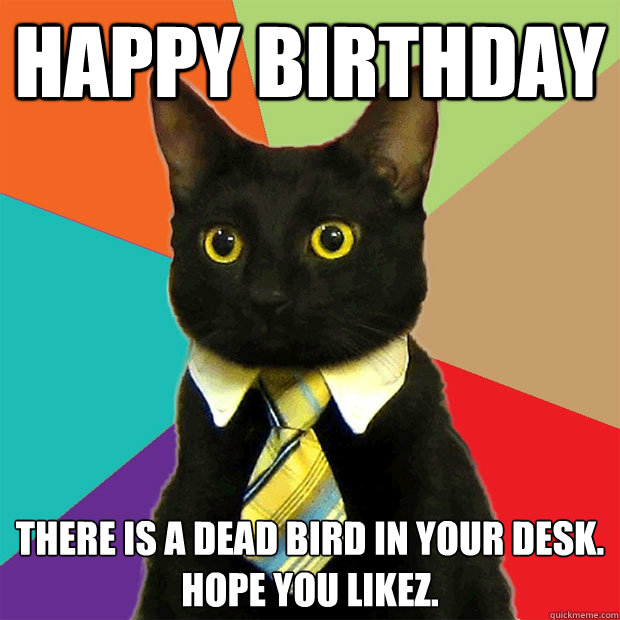 Happy Birthday There is a dead bird in your desk.
Hope you likez.  Business Cat