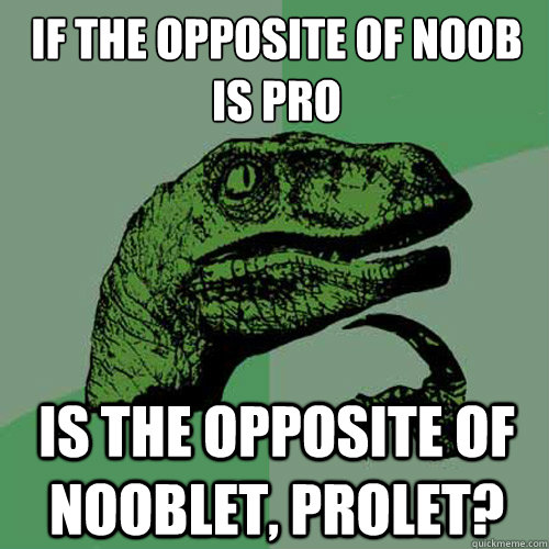 if the opposite of Noob
is pro is the opposite of nooblet, prolet?  Philosoraptor