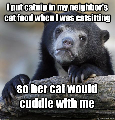 I put catnip in my neighbor's cat food when I was catsitting so her cat would cuddle with me - I put catnip in my neighbor's cat food when I was catsitting so her cat would cuddle with me  Confession Bear