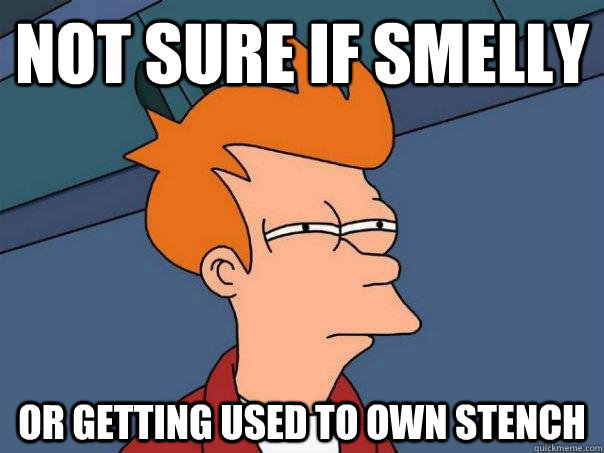 Not sure if smelly Or getting used to own stench  Futurama Fry