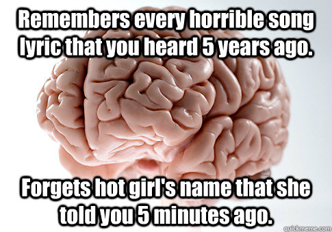 Remembers every horrible song lyric that you heard 5 years ago. Forgets hot girl's name that she told you 5 minutes ago.  Scumbag Brain