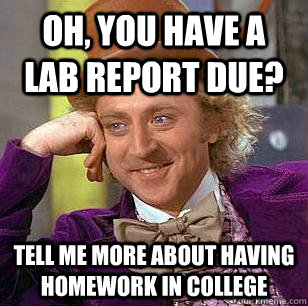 Oh, you have a lab report due? Tell me more about having homework in college - Oh, you have a lab report due? Tell me more about having homework in college  Condescending Wonka