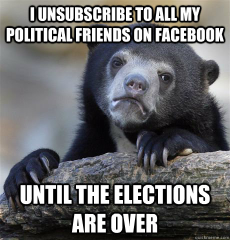 I unsubscribe to all my political friends on facebook Until the elections are over  Confession Bear