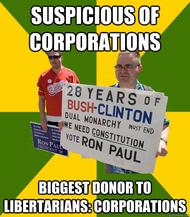 suspicious of corporations biggest donor to libertarians: corporations  Brainwashed Libertarian