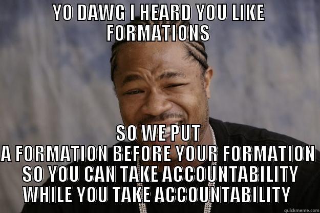 YO DAWG I HEARD YOU LIKE FORMATIONS SO WE PUT A FORMATION BEFORE YOUR FORMATION  SO YOU CAN TAKE ACCOUNTABILITY WHILE YOU TAKE ACCOUNTABILITY  Xzibit meme