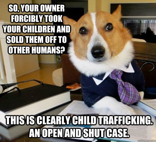 So, your owner forcibly took your children and sold them off to other humans? This is clearly Child trafficking. An open and shut case.  Lawyer Dog