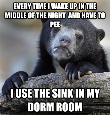 every time i wake up in the middle of the night  and have to pee  i use the sink in my dorm room   - every time i wake up in the middle of the night  and have to pee  i use the sink in my dorm room    Confession Bear