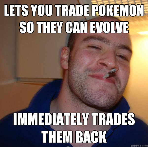 Lets you trade pokemon so they can evolve immediately trades them back  - Lets you trade pokemon so they can evolve immediately trades them back   Misc