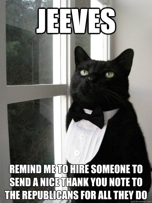 Jeeves Remind me to hire someone to send a nice thank you note to the Republicans for all they do  One Percent Cat