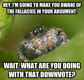 Hey, I'm going to make you aware of the fallacies in your argument. Wait, what are you doing with that downvote?  Misunderstood Spider