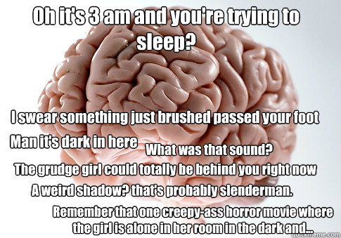 Oh it's 3 am and you're trying to sleep? Man it's dark in here The grudge girl could totally be behind you right now What was that sound?  A weird shadow? that's probably slenderman. Remember that one creepy-ass horror movie where the girl is alone in her - Oh it's 3 am and you're trying to sleep? Man it's dark in here The grudge girl could totally be behind you right now What was that sound?  A weird shadow? that's probably slenderman. Remember that one creepy-ass horror movie where the girl is alone in her  Scumbag Brain