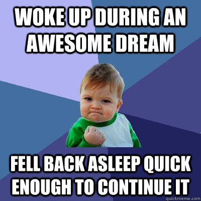 woke up during an awesome dream fell back asleep quick enough to continue it - woke up during an awesome dream fell back asleep quick enough to continue it  Success Kid