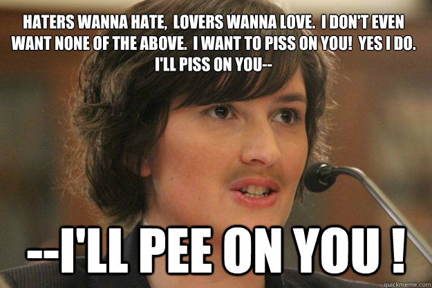 Haters wanna hate,  Lovers wanna love.  I don't even want none of the above.  I want to piss on you!  Yes I do. 
I'll piss on you--
 --I'll pee on you !  Slut Sandra Fluke