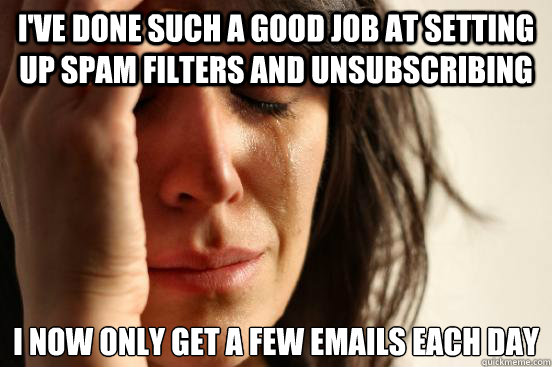 i've done such a good job at setting up spam filters and unsubscribing i now only get a few emails each day - i've done such a good job at setting up spam filters and unsubscribing i now only get a few emails each day  First World Problems