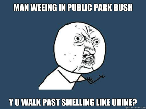 man weeing in public park bush y u walk past smelling like urine?  Y U No