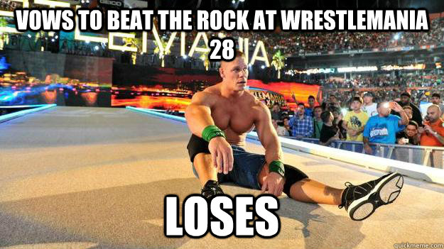 Vows to beat The Rock at wrestlemania 28 Loses  