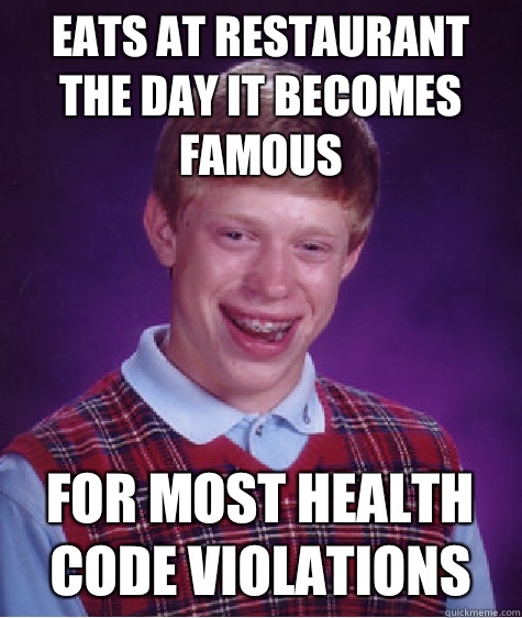 Eats at restaurant the day it becomes famous For most health code violations  Bad Luck Brian