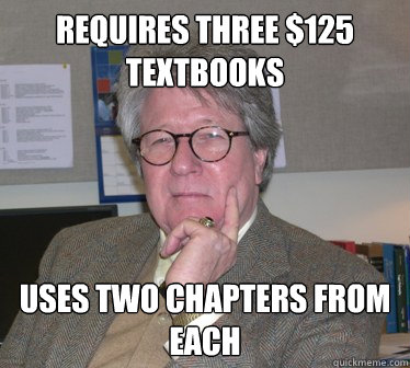 Requires three $125 textbooks Uses two chapters from each  Humanities Professor