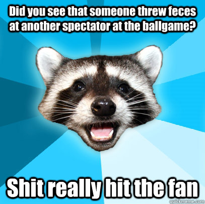 Did you see that someone threw feces at another spectator at the ballgame? Shit really hit the fan  Lame Pun Coon