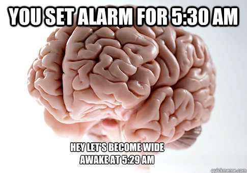 You set alarm for 5:30 am Hey let's become wide awake at 5:29 am  Scumbag Brain