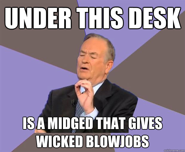 Under this desk is a midged that gives wicked blowjobs  Bill O Reilly