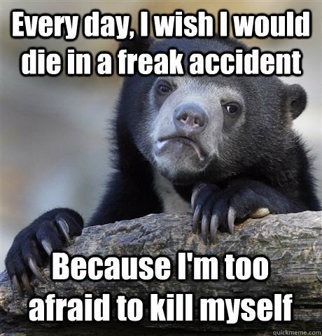 Every day, I wish I would die in a freak accident Because I'm too afraid to kill myself  Confession Bear