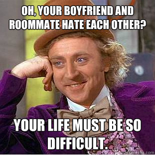 Oh, your boyfriend and roommate hate each other? Your life must be so difficult. - Oh, your boyfriend and roommate hate each other? Your life must be so difficult.  Condescending Wonka