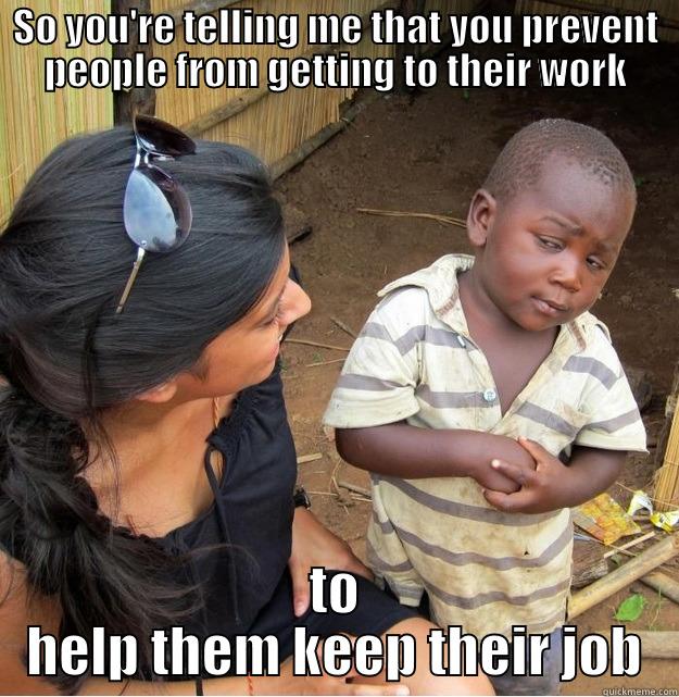 SO YOU'RE TELLING ME THAT YOU PREVENT PEOPLE FROM GETTING TO THEIR WORK TO HELP THEM KEEP THEIR JOB Skeptical Third World Kid