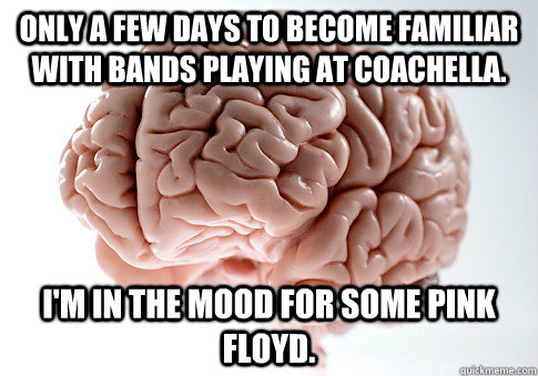 Only a few days to become familiar with bands playing at coachella. I'm in the mood for some pink floyd.  Scumbag Brain