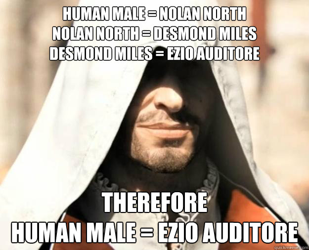 Human Male = Nolan North                           Nolan North = Desmond Miles
Desmond Miles = Ezio Auditore THEREFORE
Human Male = Ezio Auditore  Jumping Puzzles