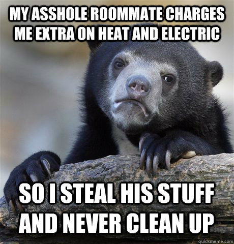 MY ASSHOLE ROOMMATE CHARGES ME EXTRA ON HEAT AND ELECTRIC SO I STEAL HIS STUFF AND NEVER CLEAN UP  Confession Bear