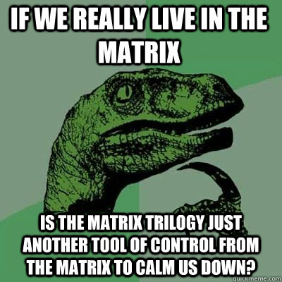 IF we really live in the matrix is the matrix trilogy just another tool of control from the matrix to calm us down?   Philosoraptor