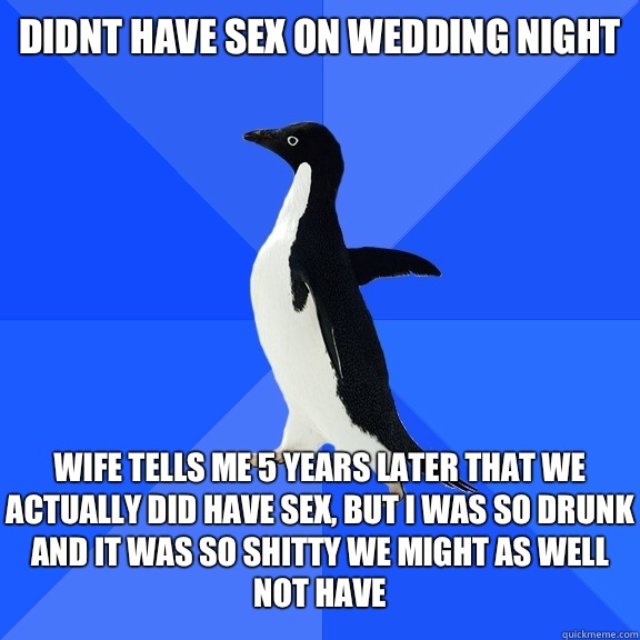 Didnt have sex on wedding night   Wife tells me 5 years later that we actually did have sex, but I was so drunk and it was so shitty we might as well not have  Socially Awkward Penguin