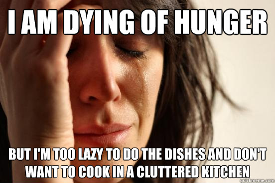 I am dying of hunger but I'm too lazy to do the dishes and don't want to cook in a cluttered kitchen - I am dying of hunger but I'm too lazy to do the dishes and don't want to cook in a cluttered kitchen  First World Problems