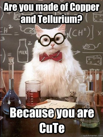 Are you made of Copper and Tellurium? Because you are CuTe  Chemistry Cat