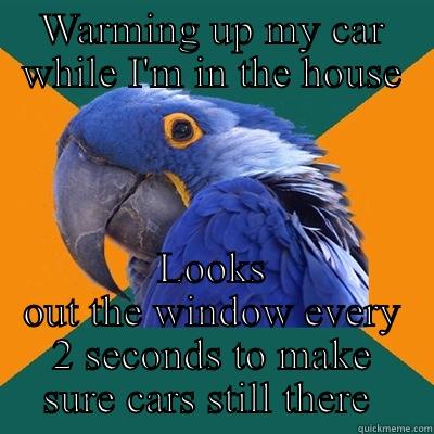 I always do this in the winter... - WARMING UP MY CAR WHILE I'M IN THE HOUSE LOOKS OUT THE WINDOW EVERY 2 SECONDS TO MAKE SURE CARS STILL THERE  Paranoid Parrot