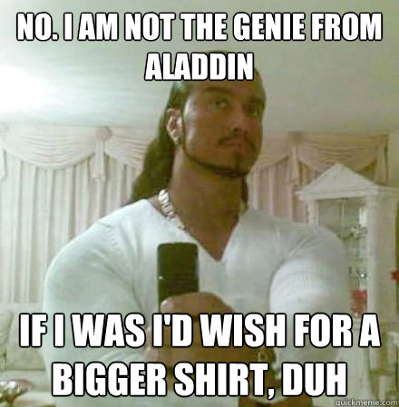 no. i am not the genie from aladdin  if i was i'd wish for a bigger shirt, duh - no. i am not the genie from aladdin  if i was i'd wish for a bigger shirt, duh  Guido Jesus