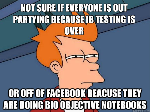 not sure if everyone is out partying because ib testing is over  or off of facebook beacuse they are doing bio objective notebooks  Futurama Fry