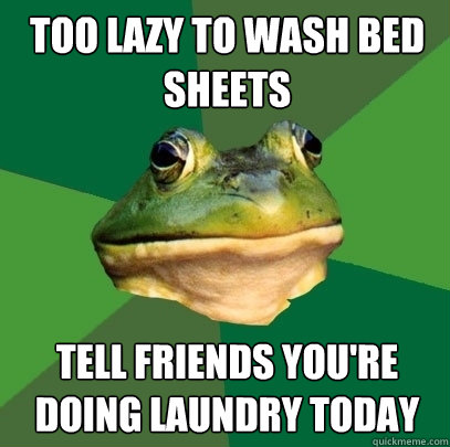 Too lazy to wash bed sheets Tell friends you're doing laundry today - Too lazy to wash bed sheets Tell friends you're doing laundry today  Foul Bachelor Frog