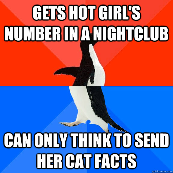 Gets hot girl's number in a nightclub Can only think to send her cat facts  Socially Awesome Awkward Penguin